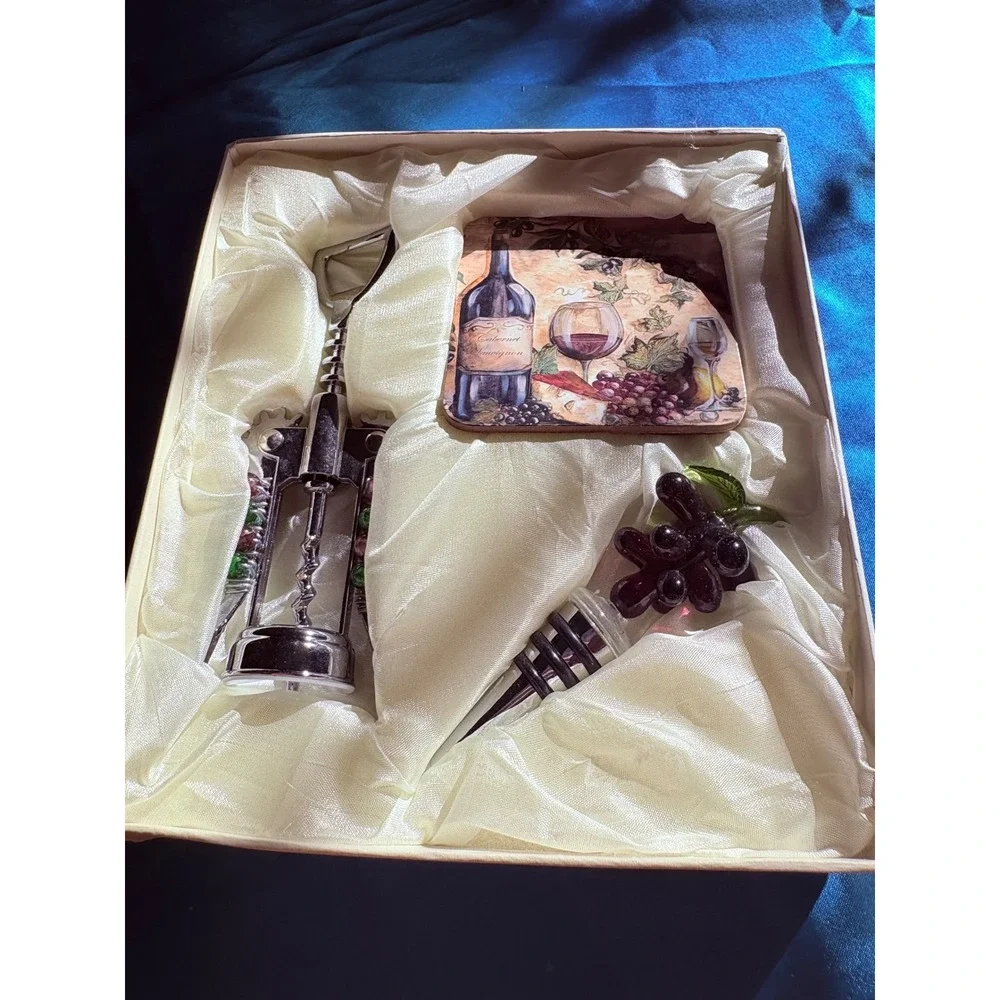 Wine‎ Accessory Gift Set Beaded Corkscrew Glass Grape Stopper and Coaster